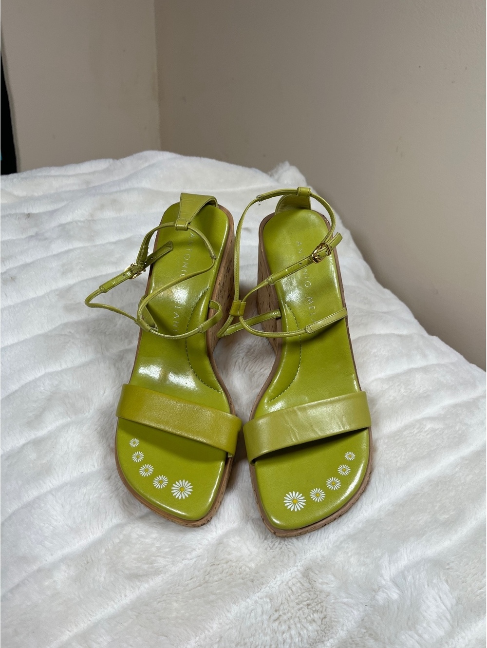 Antonio Melani Women's 8.5 Green Daisy Floral Strappy Sandal Cork Wedge Shoes